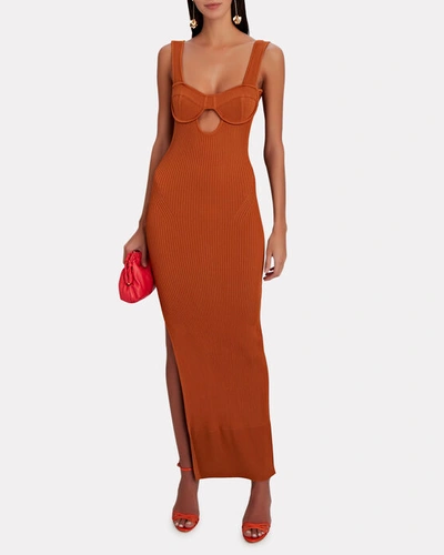 Shop Aknvas Maddy Cut-out Rib Knit Maxi Dress In Brown