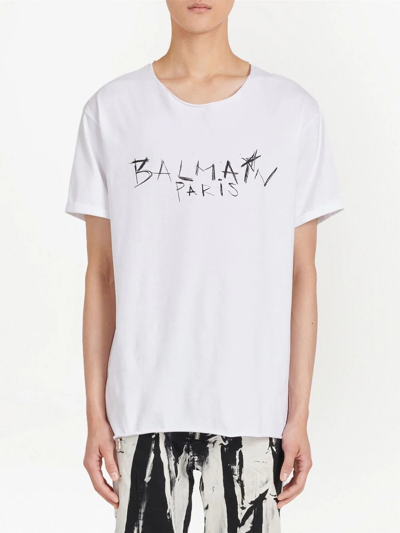 Shop Balmain Logo-print Cotton T-shirt In White