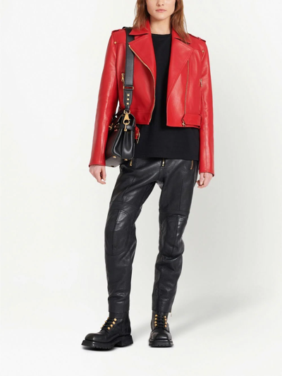 Shop Balmain Cropped Leather Biker Jacket In Red