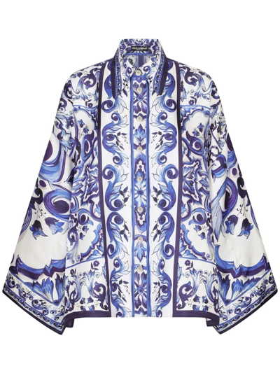 Shop Dolce & Gabbana Majolica-print Batwing-sleeve Shirt In Blue