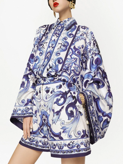 Shop Dolce & Gabbana Majolica-print Batwing-sleeve Shirt In Blue