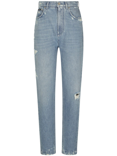 Shop Dolce & Gabbana Distressed Straight-leg Trousers In Blue