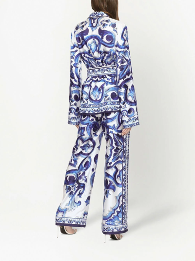 Shop Dolce & Gabbana Majolica-print Silk Straight-leg Trousers In Blue