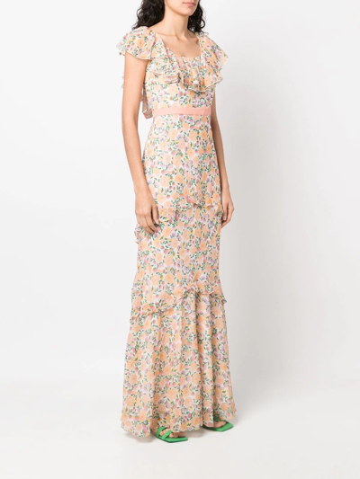 Shop Saloni Floral-print Ruffled Maxi-dress In Rosa