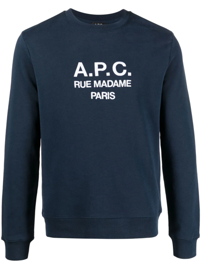 Shop Apc Organic-cotton Logo Print Sweatshirt In Blue