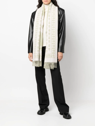 Alexander Mcqueen Skull-print Branded Wool Scarf In Nude