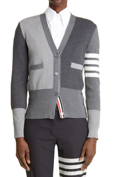 Shop Thom Browne Colorblock 4-bar Cotton Cardigan In Tonal Grey