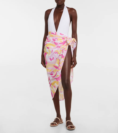 Shop Alexandra Miro Printed Cotton Sarong In Pink Yellow Swirl Print