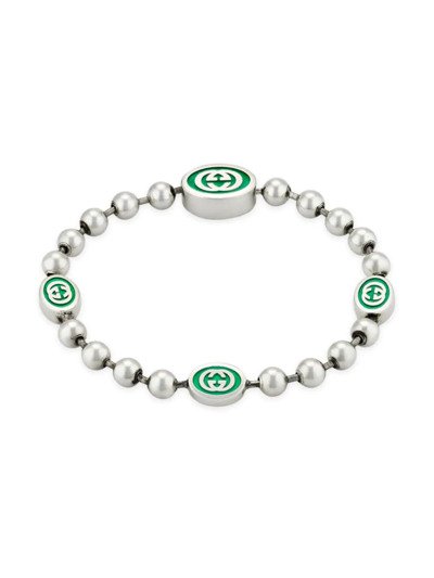 Shop Gucci Men's Sterling Silver Interlocking Logo Bracelet In Silver Green