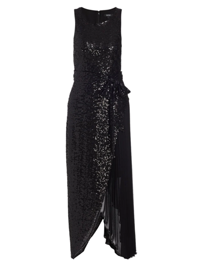 Shop Badgley Mischka Women's Sequined Pleated Midi-dress In Black