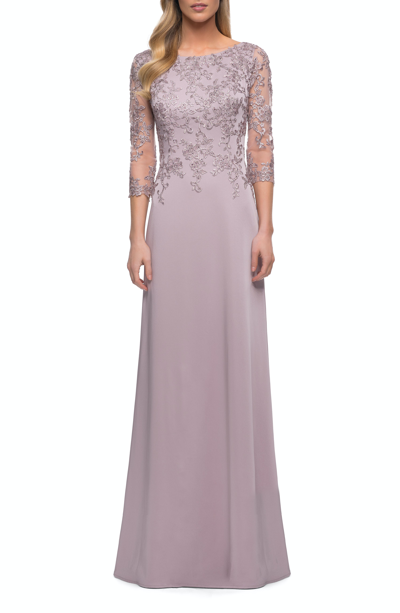Shop La Femme Jersey Gown With Boat Neckline And Lace Detailing In Pink