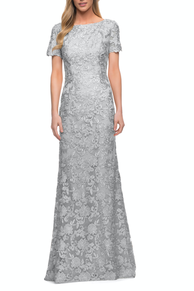 Shop La Femme Beautiful Lace Mother Of The Bride Dress With Short Sleeves In Grey