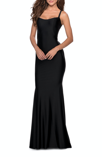 Shop La Femme Form Fitting Prom Dress With Dramatic Lace Up Back In Black