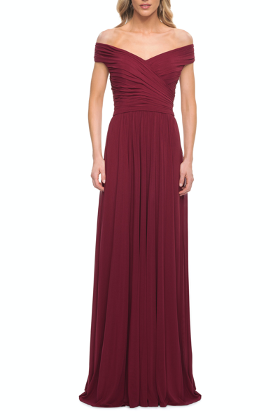 Shop La Femme Off The Shoulder Net Jersey Long Dress With Ruching In Red