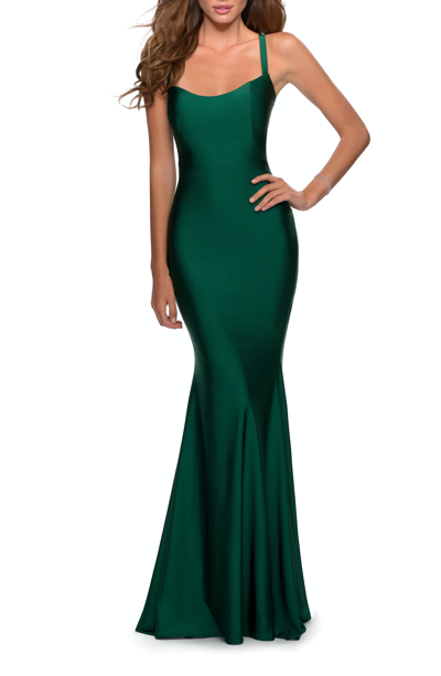 Shop La Femme Form Fitting Prom Dress With Dramatic Lace Up Back In Green