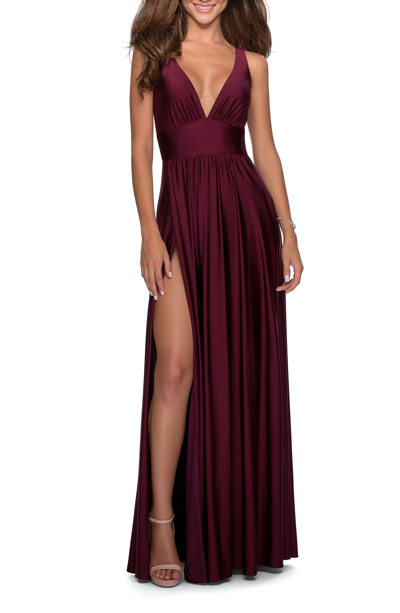 Shop La Femme Empire Waist Gown With Deep V Neckline In Purple