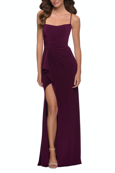 Shop La Femme Modern Jersey Dress With Ruffle Detail On Skirt In Purple