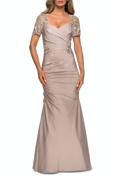 Shop La Femme Satin Evening Dress With Lace And Scoop Neckline In Pink