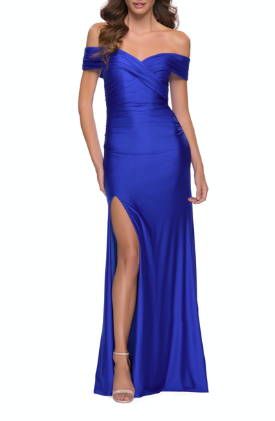 Shop La Femme Off The Shoulder Chic Jersey Gown With Ruching In Blue