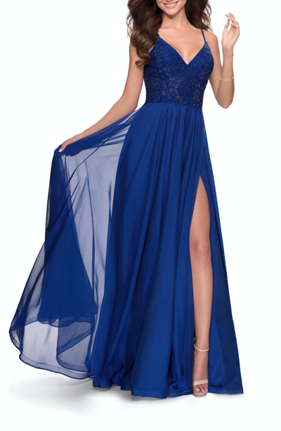 Shop La Femme Chiffon Prom Dress With Sheer Floral Lace Bodice In Blue