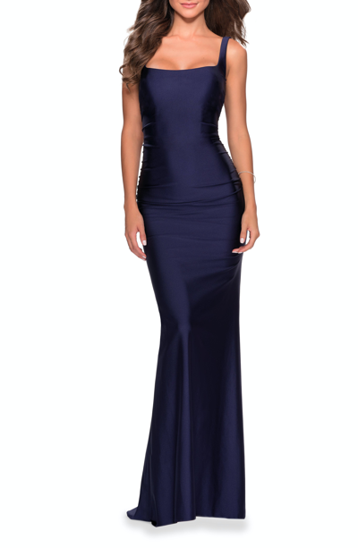 Shop La Femme Long Jersey Prom Dress With Full V-shaped Back In Blue