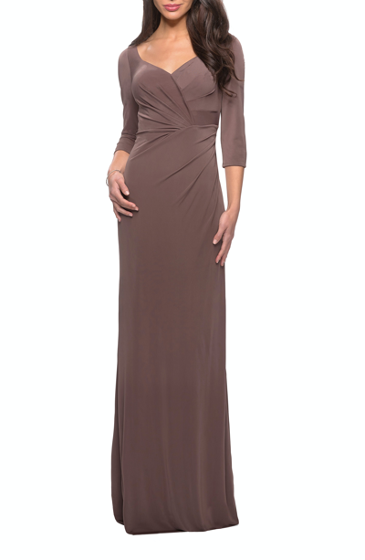 Shop La Femme 3/4 Sleeve Long Jersey Dress With Sweetheart Neckline In Brown