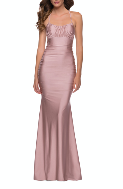 Shop La Femme On Trend Jersey Long Dress With Ruching On Bodice In Pink