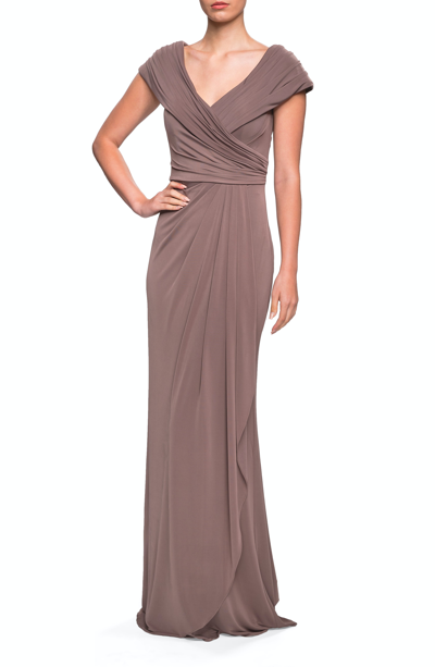 Shop La Femme Ruched Jersey Long Gown With V-neckline In Brown