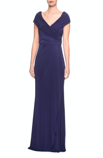 Shop La Femme Ruched Jersey Long Gown With V-neckline In Blue