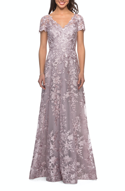 Shop La Femme Long Lace Evening Dress With Cap Sleeves In Pink