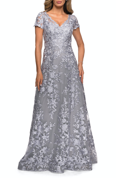 Shop La Femme Long Lace Evening Dress With Cap Sleeves In Grey