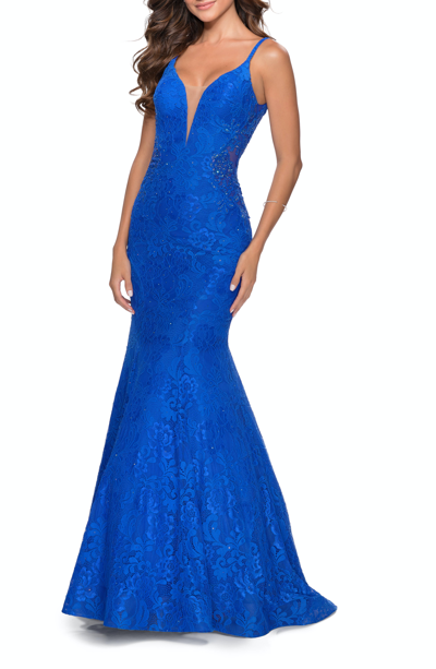 Shop La Femme Long Mermaid Lace Dress With Back Rhinestone Detail In Blue