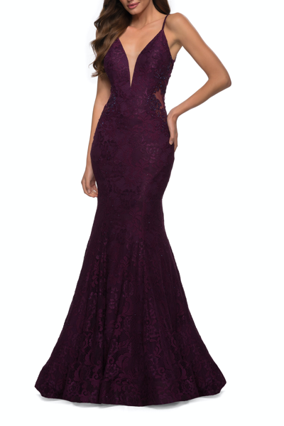 Shop La Femme Long Mermaid Lace Dress With Back Rhinestone Detail In Purple
