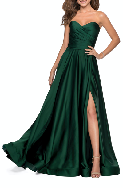 Shop La Femme Strapless Satin Gown With Pleated Bodice And Slit In Green