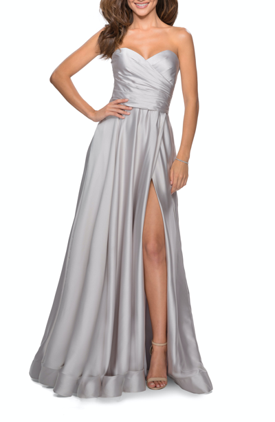 Shop La Femme Strapless Satin Gown With Pleated Bodice And Slit In Grey