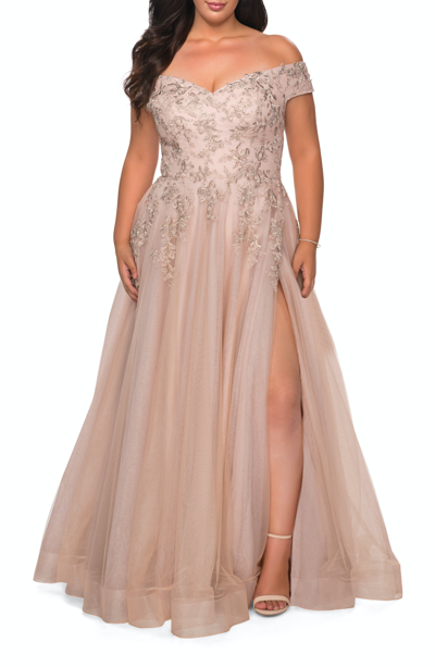 Shop La Femme Off The Shoulder Tulle Plus Size Gown With Lace In Gold