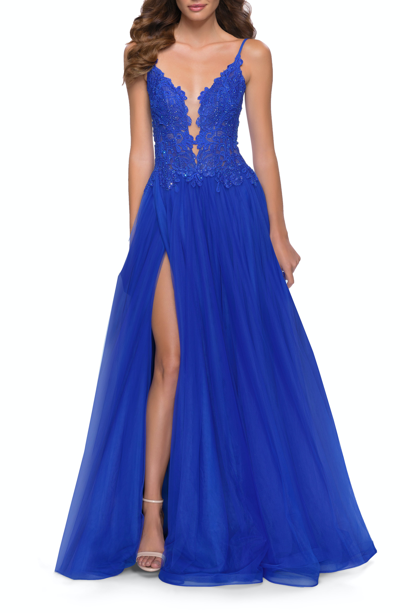 Shop La Femme Tulle A Line Gown With Lace Rhinestone Bodice In Blue