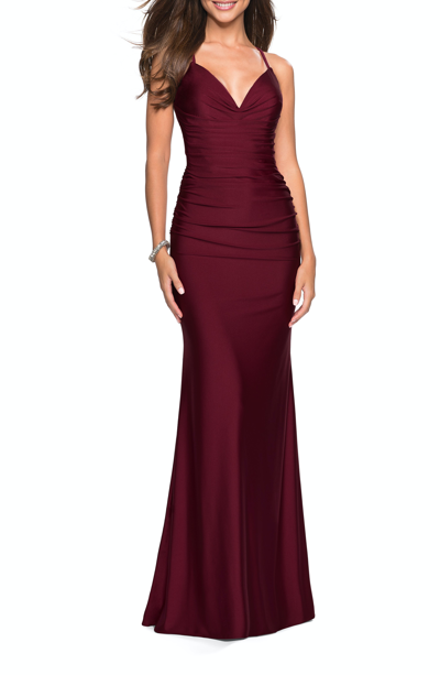 Shop La Femme Form Fitting Jersey Dress With Ruching And Strappy Back In Purple