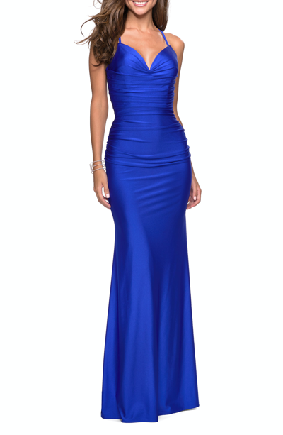 Shop La Femme Form Fitting Jersey Dress With Ruching And Strappy Back In Blue