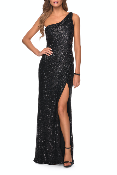 Shop La Femme Long Sequin One Shoulder Ruched Prom Dress In Black