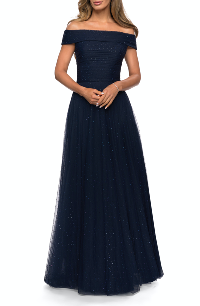 Shop La Femme Tulle Off The Shoulder A-line Dress With Rhinestones In Blue