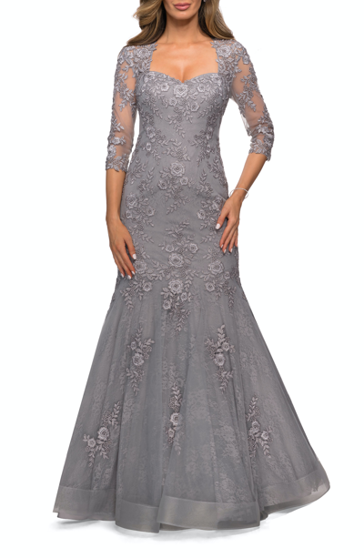 Shop La Femme Long Lace Mermaid Gown With Square Neckline In Grey