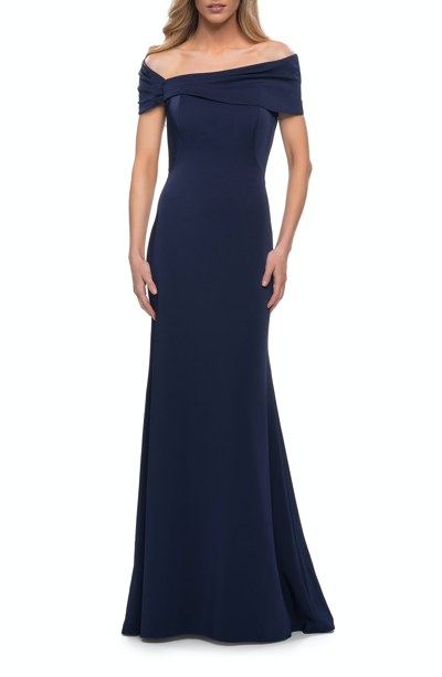 Shop La Femme Simply Chic Off The Shoulder Jersey Gown In Blue