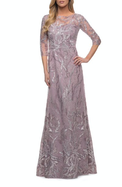 Shop La Femme Sequin Lace Long Dress With Sheer Sleeves In Pink