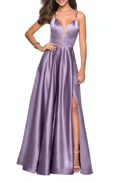 Shop La Femme Long Satin Formal Gown With Leg Slit And Strappy Back In Purple