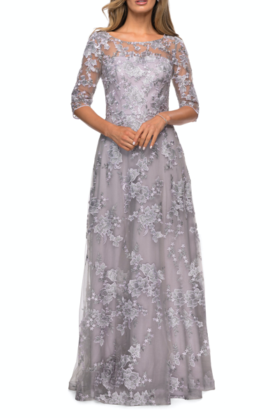 Shop La Femme Cap Sleeve Long Evening Gown With Lace Detailing In Grey