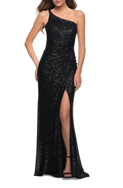 Shop La Femme Sequin Gown With One Shoulder Top And Open Back In Black