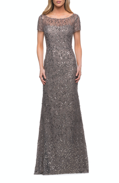 Shop La Femme Beaded Long Dress With Illusion Top And Sleeves In Grey