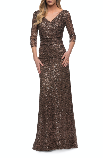 Shop La Femme Three-quarter Sleeve Sequin Dress With Ruching In Brown