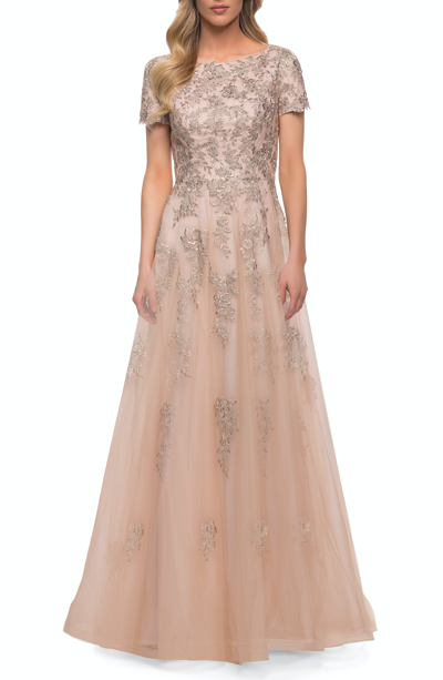 Shop La Femme A Line Tulle And Lace Gown With Short Sleeves In Gold